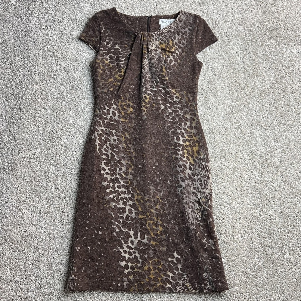 Y2K Worth Dress Womens 6 Brown Animal Print Wool Short Sleeve Sheath Knee Length